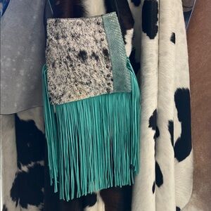 Turquoise Fringe cow hair Crossbody Bag with snake Print